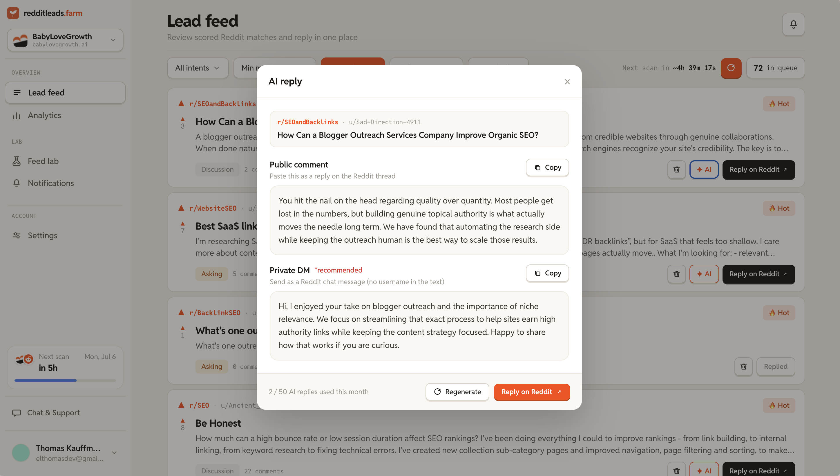 AI reply draft for a Reddit thread in redditleads.farm